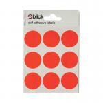 The photo shows a stack of round, bright red labels neatly packed in small bags. Each bag contains 36 labels with a diameter of 29mm. The labels are labelled Blick Coloured Labels and are perfect for organizing and labeling various items.