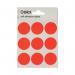 The photo shows a stack of round, bright red labels neatly packed in small bags. Each bag contains 36 labels with a diameter of 29mm. The labels are labelled Blick Coloured Labels and are perfect for organizing and labeling various items.