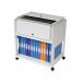 A photo of the Rotadex Standard Universal Filing Trolley with Locking Lid in Grey shows a sturdy metal frame with four wheels for easy movement. The trolley has multiple shelves and a locking lid for secure storage of files and documents. The neutral grey color gives a sleek appearance.