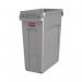 The photo captures a Rubbermaid Slim Jim Vented Container in grey, holding 60L and labeled as Fax Supplies & Accessories. The container features the familiar Rubbermaid logo and is displayed in a clean, professional setting.