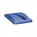 In this photograph, we see a blue Rubbermaid Slim Jim bin lid designed for recycling paper. The lid has the Rubbermaid logo prominently displayed on the top, while the edges are slightly curved. The overall appearance is sleek and functional, perfect for any office or workplace environment.