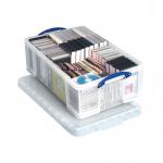 A clear plastic storage box measuring W710xD440xH230mm, with the brand name Really Useful Boxes printed on it. The 50L capacity is prominently displayed on the lid. The box appears durable and functional, with a simple yet sleek design.