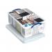 A clear plastic storage box measuring W710xD440xH230mm, with the brand name Really Useful Boxes printed on it. The 50L capacity is prominently displayed on the lid. The box appears durable and functional, with a simple yet sleek design.