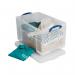 A photo of a stack of Really Useful Boxes, specifically the 84L Plastic Storage Box, with dimensions of W710xD440xH380mm. The boxes are clear with a light shine, showcasing their sturdy and reliable construction.