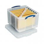 This photo showcases a clear plastic storage box with a capacity of 42L, measuring W520xD440xH310mm. It features the well-known brand Really Useful and is labeled as HBC RUP80117.
