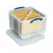 This photo showcases a clear plastic storage box with a capacity of 42L, measuring W520xD440xH310mm. It features the well-known brand Really Useful and is labeled as HBC RUP80117.