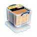 This image features a clear 35L plastic storage box with lid, measuring W480xD390xH310mm. The box is embossed with the words Really Useful Boxes and Really Useful 35C. It is a simple, practical storage solution for any space.