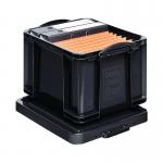 A photo of Really Useful Eco Storage Boxes in black shows sturdy, stackable containers made of recycled plastic. With a capacity of 35L, these boxes are a practical storage solution for any space.