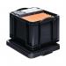 A photo of Really Useful Eco Storage Boxes in black shows sturdy, stackable containers made of recycled plastic. With a capacity of 35L, these boxes are a practical storage solution for any space.