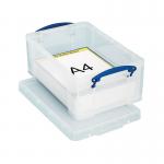This image shows a clear plastic storage box with a lid and clip lock handles. The box is 9 liters and is part of the Really Useful Boxes brand.