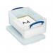 This image shows a clear plastic storage box with a lid and clip lock handles. The box is 9 liters and is part of the Really Useful Boxes brand.