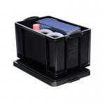 The image shows a stack of black Really Useful Eco Storage Boxes, each with a capacity of 84L. The boxes are made from recycled plastic and have a sturdy construction. The lid securely fits on top, making these boxes ideal for organizing and storing various items.