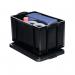 The image shows a stack of black Really Useful Eco Storage Boxes, each with a capacity of 84L. The boxes are made from recycled plastic and have a sturdy construction. The lid securely fits on top, making these boxes ideal for organizing and storing various items.