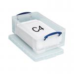 This photo features a clear plastic storage box with a lid, measuring 465x270x150mm. The box is part of the Really Useful Boxes line and has a 12L capacity. The lid securely snaps on top and is perfect for storing and organizing various items.
