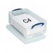 This photo features a clear plastic storage box with a lid, measuring 465x270x150mm. The box is part of the Really Useful Boxes line and has a 12L capacity. The lid securely snaps on top and is perfect for storing and organizing various items.