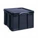 This picture features a stack of black Really Useful Eco Storage Boxes, made from recycled plastic. Each box holds 42 liters and is labeled with the brand name and model number. The boxes are sturdy and functional, yet stylish in their simplicity.