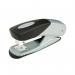 The picture shows a black and silver Rexel Matador half strip stapler, also known as the RX04756 model. It has a sleek and modern design, with a capacity to staple up to 25 sheets at once. Perfect for any office or home workspace.