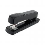 A photo of Rexel Meteor Half Strip Stapler in black shows a sleek and compact stapler with a 20-sheet capacity. Its metallic finish adds a touch of style, and the Rexel logo is prominently displayed on the top.