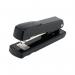 A photo of Rexel Meteor Half Strip Stapler in black shows a sleek and compact stapler with a 20-sheet capacity. Its metallic finish adds a touch of style, and the Rexel logo is prominently displayed on the top.