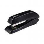 The photo shows two black staplers from the brand Rexel Eco on a desk. The staplers have a compact design and can staple up to 20 sheets. The front of the staplers features the brand name and model name Ecodesk. Both staplers have a sleek and modern appearance, with smooth curves and a matte finish. The staplers are resting on top of a stack of papers, suggesting their functionality and usefulness in an office or school setting.