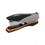 The Rexel Optima 40 Manual Stapler can handle up to 40 sheets at once. Its sleek design features a silver body with black accents and a comfortable grip for efficient stapling.
