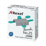 This photograph shows a pack of 5000 Rexel No 25 staples, each measuring 4mm, made by Rexel. The staples are neatly stacked and packaged, ready to be used for securing papers and documents.