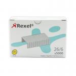 The picture shows a pack of 5000 Rexel Choices No 56 Staples measuring 6mm in size. The staples are neatly arranged in the package, with a clear view of the brand name Rexel on each staple. The pack is brightly colored and stands out against a white background. The staples themselves have a silver finish and a sharp point at one end.