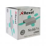The photo shows a pack of 5000 Rexel No 66 Staples measuring 14mm each. The staples are neatly arranged in rows inside a clear plastic packaging. The brand name Rexel is prominently displayed on the packaging.