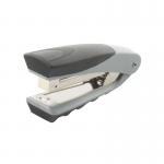 This photograph captures a sleek silver and black Rexel Centor half strip stapler, featuring the brands logo and product name clearly visible. The stapler is shown in a closed position, perfect for securely binding papers together. The modern design is sure to add a touch of professionalism to any workspace.