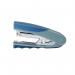 In the photo, there are several Rexel Centor half strip staplers lined up next to each other. Each one is made of metal and can staple up to 25 sheets of paper. They are black and have the Rexel logo on the front.