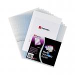 The image features a stack of 25 clear Rexel punched pockets with a top left opening. The pockets are made of premium Nyrex material and are embossed for a sleek look. Perfect for organizing A4 sized documents.
