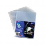 This photograph features a pack of 25 clear polypropylene Rexel card holders in the A5 size. The holders are rectangular and are designed to hold cards securely. The clear material allows for easy visibility of the contents.