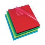 A close-up photograph of Rexel Cut Flush Files shows a pack of 100 assorted A4 polypropylene folders. The vibrant colors and smooth finish of the folders are clearly visible, making it easy to organize and file important documents.