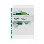 The picture shows a pack of 100 Rexel Punched Pockets in the color green. The pockets are made of Nyrex Premium material and have a clear glass spine for visibility. Perfect for organizing and protecting important documents.