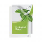 The picture shows a pack of 25 clear Rexel EcoDesk A4 Folders made of eco-friendly plastic. The folders have the brand name and product name printed on the front and are neatly stacked for easy organization. The folders have a professional and sleek appearance.