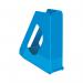 The picture shows a blue Rexel Choices Magazine File, part of the ACCO Brands Books & Magazine Racks collection. It features a sturdy design with a flat base and tall, open sides to hold multiple magazines upright. The bright blue color adds a pop of color to any desk or shelf.