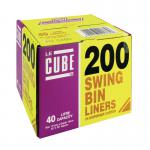 The photo shows a stack of 200 LeCube Office Bin Liners being dispensed from a sleek and modern 46 litre Swing Bin Liner dispenser. The liners are neatly organized and ready for use in any office setting.
