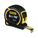 The photo shows a sleek Stanley Tools retractable tape measure with a convenient belt clip. It has a length of 5 metres and the model number 0-30-696 SB30696 is visible. The bright yellow casing and black markings are easy to read, making measuring tasks a breeze.