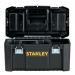 The image shows a black and yellow Stanley 19 inch toolbox. The box is made of durable material and features a sturdy handle for easy carrying. The lid has two metal latches that securely close the box. The front of the box has the Stanley logo in bold yellow letters. Inside, there is a spacious compartment to store tools and a removable tray for smaller items. The black and yellow color scheme gives the box a sleek and professional look.