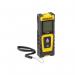 The photo shows a Stanley Laser Distance Measurer, specifically the SLM100 model. It has a maximum range of 30m and is part of the STHT77100-0 SB77100 series. The tool appears to be compact and handheld, with a sleek black and yellow design. The display screen is located near the top of the device, and there are several buttons and controls below it. The laser itself is located at the bottom of the device, enclosed in a protective casing. Overall, the photograph presents a professional and efficient tool for measuring distances accurately.