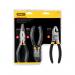 This image features a Stanley 3 piece pliers set, including regular and needle nose pliers, as well as a diagonal cutter. The durable tools have a comfortable grip and a sleek, black finish.