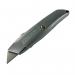 The photograph shows a sleek, black Stanley knife with a retractable blade. The ergonomic design of the handle can be seen, as well as the durable steel blade. The brand name, Stanley, is prominently displayed on the knifes casing.