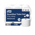 The picture shows a pack of 6 Tork Jumbo Toilet Rolls. Each roll is 2-ply, white, and contains 1150 sheets. The packaging is labeled with the Tork SmartOne logo. The rolls are neatly stacked on top of each other, ready for use in any bathroom setting. The high sheet count means this pack will last for an extended period of time.