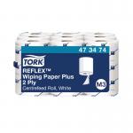 The photo shows a pack of Tork Wiper Roll Tork Reflex Multipurpose Wiping Paper Plus, with 9 rolls containing 200 sheets each. The 2-ply paper is durable and ideal for a variety of cleaning tasks. The bright packaging features the Tork logo prominently in the center.