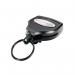The image shows a sturdy grey key reel from Securikey with a key fob attached. The deluxe polycarbonate construction boasts heavy-duty self-retracting capabilities for secure key storage. The logo of the brand is prominently displayed on the reel.