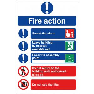 Safety First Aid Fire Action Sign, Rigid 20 x 30cm SS4002R
