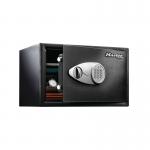 A sleek black electronic lock safe designed for laptops, with a spacious 34 litre capacity. The Master Lock logo is prominently displayed on the front, with a digital keypad for secure access. This modern safe is perfect for storing valuable items and important documents.