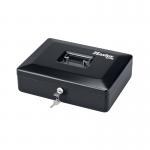 The picture shows a medium-sized cash box from Master Lock, designed to keep your valuables safe. The box features a sturdy metal construction with a sleek black finish. The lid is secured with a key lock, ensuring added security. The inside of the box is lined with soft materials to protect your belongings. The box also has a handle for easy transportation. Overall, the Master Lock cash box exudes a professional and reliable appearance.