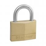 The picture shows a Master Lock 50mm brass padlock, accompanied by two keys, valued at 150EURD. The sturdy lock has the iconic Master Lock logo engraved on it, with a smooth gold finish. The keys have a simple design, ensuring easy and secure access.