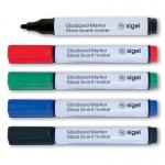 SIGEL GL711 Glass board markers - wipeable - black, blue, red, green - round nib 2-3 mm - 5 pcs. - for white magnetic glass boards, whiteboards, flipc GL711